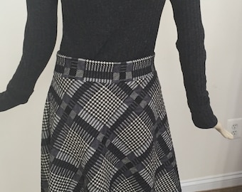Bias-cut Gray and White Geometric Skirt and Grey Ribbed Turtle Neck Ensemble. Classic Women's Winter Clothes. Made to Order.