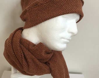 Gentleman's Rustic Knit Slouchy Hat and Scarf Set. Men's Patterned Knit Beanie Hat and Scarf. Muted Coral Winter Hat and Scarf. Gifts for H
