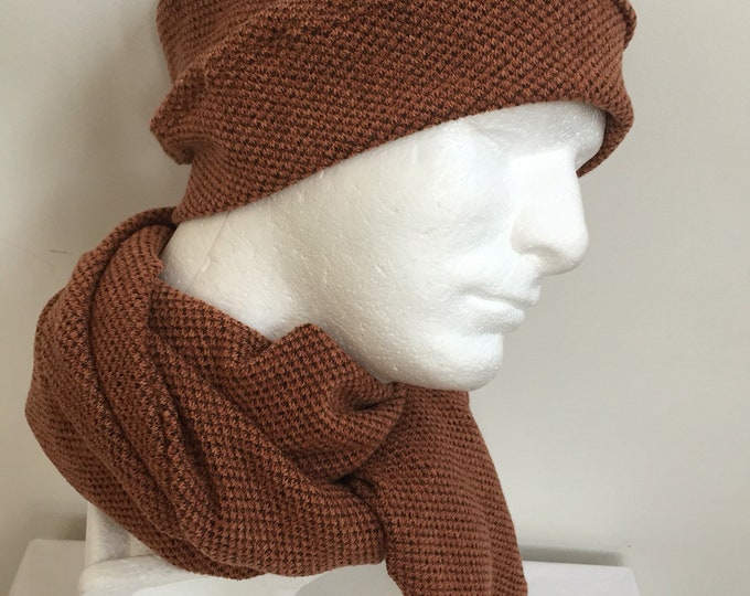Gentleman's Rustic Knit Slouchy Hat and Scarf Set. Men's Patterned Knit Beanie Hat and Scarf. Muted Coral Winter Hat and Scarf. Gifts for H