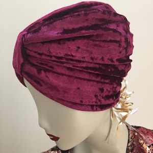 Woman&#39;s Burgundy Red Crushed Velvet Turban Hat. Elegant Turban in Soft Stretch Fit Velvet. Wear With or Without Hair.