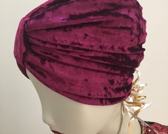 Woman's Burgundy Red Crushed Velvet Turban Hat. Elegant Turban in Soft Stretch Fit Velvet. Wear With or Without Hair.