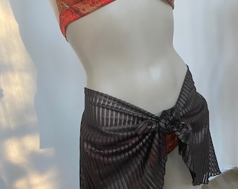 Brown Pleather Lace Bathing Suit Cover. Bikini Wrap Cover. Bronze Sheer Lace Mini Skirt. Convertible Cape Top.