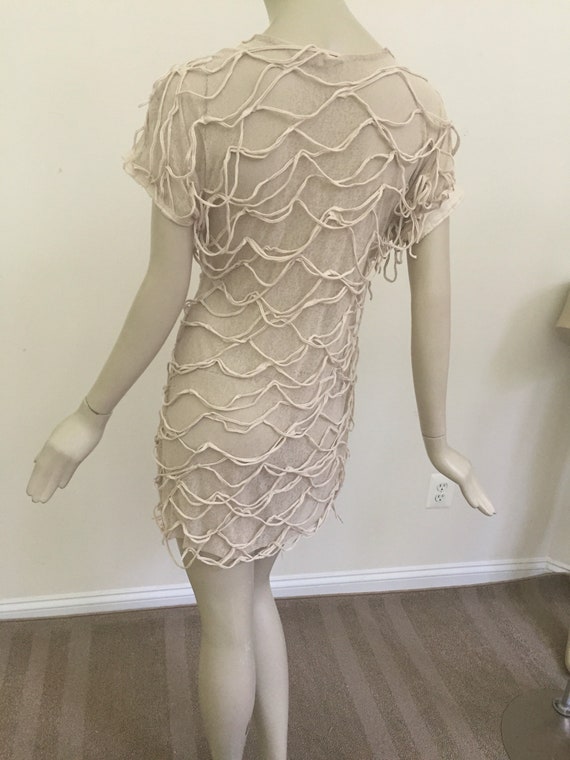 Beige Shredded Mini Dress with Scoop Neck. Natural Shredded Jersey Summer Dress. Semi Sheer Shredded Beach Cover-up.