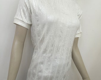 Pearl White Ribbed Knit Short Sleeve Turtle Neck Top. Off-white Cream Lurex Stretch Knit Tunick Top Turtle Neck Blouse. Eggshell Stretch Top