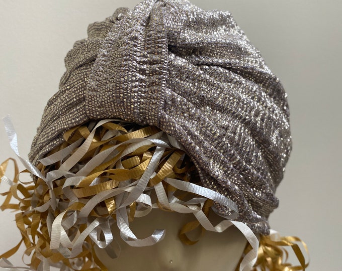 Crinkled Gold Foil Knit Turban Hat. Women's Elegant Iridescent Light Gold Turban. Stretch Sparkly Jersey Knit Turban. One Standard Size.