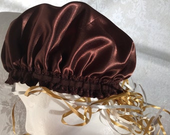 Woman's Soft Satin Sleep Cap-Henna Brown Fancy Edge. One Adult Size.