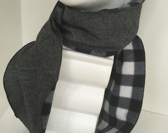 Gentleman's Grey Stretch Wool Scarf with Check Fleece Lining. Double-sided. Italian Wool Scarf. Men's Traditional Scarves. Gifts for Him.