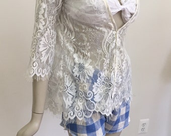 Off-White and Silver Floral Lace Mini Jacket. Floral Lace Wedding  Honeymoon Kimono. Women's Sparkly Sheer Lounge Wear.