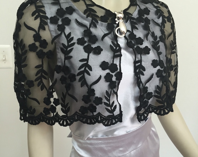 Black Vine Floral Mesh Lace Mini Cape. Women's Black Lace Cover. Elegant Black Sheer Capelet.