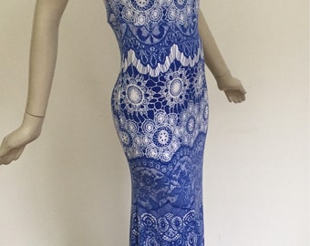 Maxi Dress in Periwinkle Blue Matt Jersey. Lace Print Polyester Summer Dress. Women's Size M (6-8). Long Sleeveless Tank Dress.