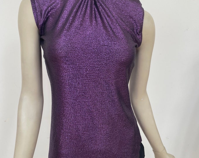 Purple Crinkled Foil Knit Sleeveless Turtle Neck Top. Plum Sparkly Turtle Neck Blouse. Stretch Knit Women's Elegant Tops.