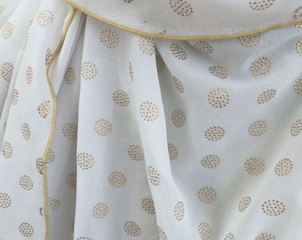 Long White, Gold-Embossed Dots French Crepe Voile Scarf. White Sheer Shawl Wrap. Women's Fine Wedding Scarves. Gift for Her.
