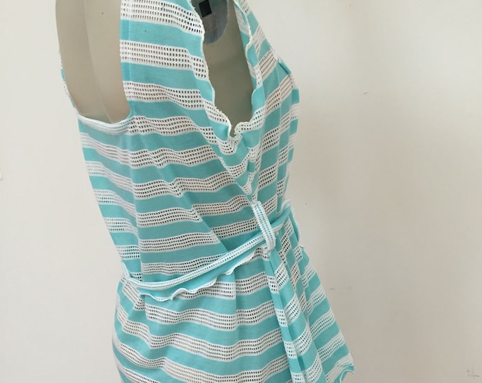 Turquoise and White Crochet Tank Top. Jersey Knit Summer Beach Dress. Crochet Lace Bathing Suit Cover up.