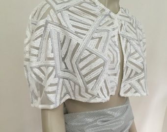 White Sequin and Silver Glitter Wedding Cape. Sheer White Wedding Shrug. Bridal Shrug. Women's Formal Covers.