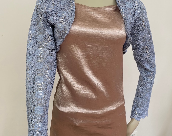 Blue Hydrangea Sequin Stretch Lace Bolero Jacket. Elegant Wedding Bridal Bolero Top. Women's Sparkly Blue and Silver Sequin. Size S (4).