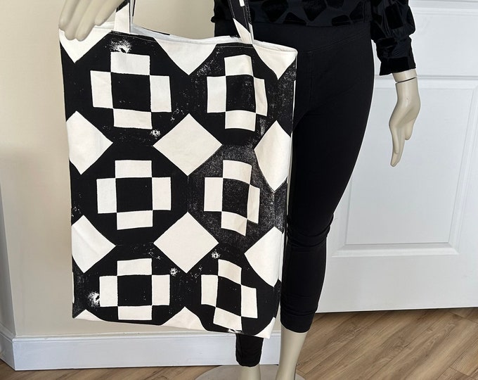 Oversize Black & White Canvas Shoulder Tote Bag. Art Deco Hold-all Beach Bag. Distinctive Gym Bag.