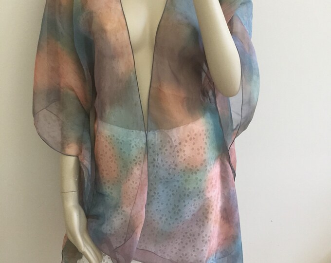 Apricot Turquoise Abstract Chiffon Tropical Kimono. Women's Orange Aqua Summer Tunic Top. Sheer Swimsuit Kaftan Cover. One Size.