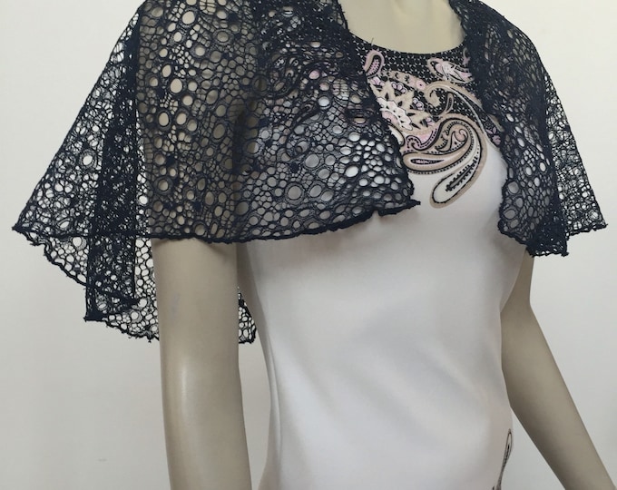 Navy Blue Mesh Lace Cape. Blue Sheer Lace Mini Capelette. Shrugs and Top Covers. Sizes S-L.