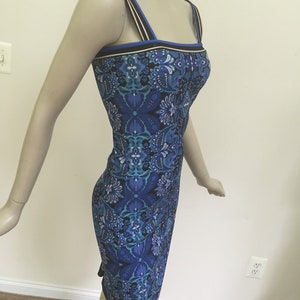 Blue Floral Scuba Sleeveless Border Dress. Simple Elegance Summer Tank Dress.