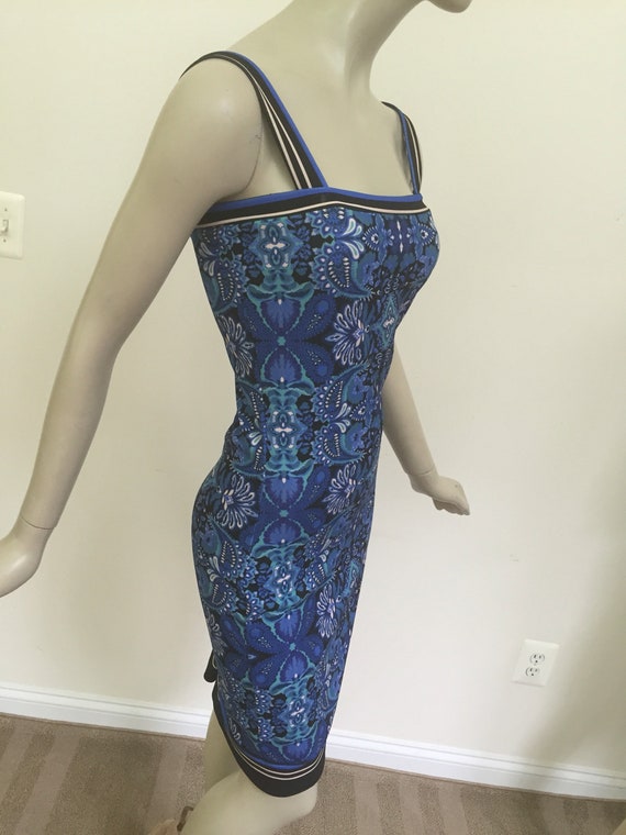 Blue Floral Scuba Sleeveless Border Dress. Simple Elegance Summer Tank Dress.