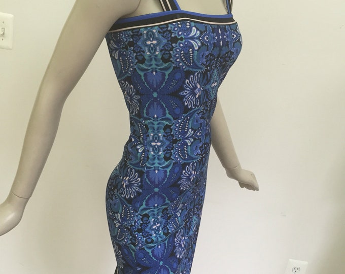 Blue Floral Scuba Sleeveless Border Dress. Simple Elegance Summer Tank Dress.