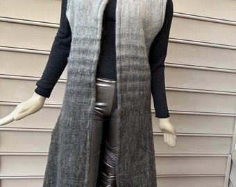Light Gray Ombré Wool Blend Sleeveless Fringe Cardigan. Fall Long Jackets and Layers. Warm Covers. Autumn and Winter Accessories