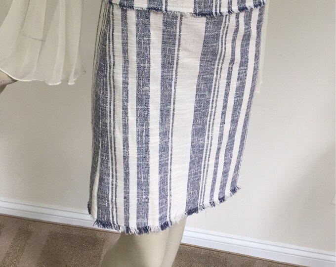 Blue and White Stripe Raw Silk A-Line Mini Skirt. Blue and White Stripe Silk Fringe Skirt. Natural Tweed Silk Women's Summer Skirt.