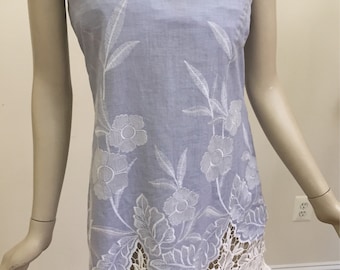 Lavender Floral Cotton Blend Lace A-Line Summer Dress. Blue and White Lace Sleeveless Summer Dress. Wedding Guest Dress.