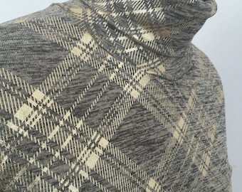 Grey Gold Tartan Turtle Neck. Stretch Jersey Knit Turtle Neck. Elegant Women's Tops.