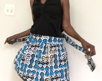 African Print Wrap Skirt. Turquoise Wrap Skirt in 100% Cotton. Blue Black Purple White Abstract Print. Casual Summer Mini Skirts