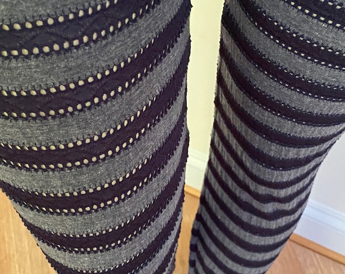Striped Navy Blue and Gray Lace Knit Thigh High Socks for Tall Women. Extra Long Socks. Women’s Legging Socks. Sizes L-XL.