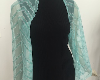 Woman's Mint Green and Silver Chevron Sheer Shrug. Elegant Evening Cover. Sparkly Green Chevron Shawl.