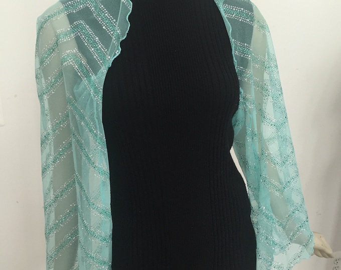 Woman's Mint Green and Silver Chevron Sheer Shrug. Elegant Evening Cover. Sparkly Green Chevron Shawl.