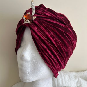 Woman's Red Pleated Velvet Turban Hat. Turban in Soft Stretch Fit Velvet. Elegant Headwear, Wear With or Without Wig.