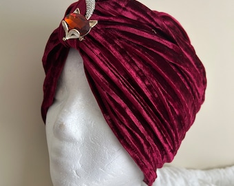 Woman's Red Pleated Velvet Turban Hat. Turban in Soft Stretch Fit Velvet. Elegant Headwear, Wear With or Without Wig.