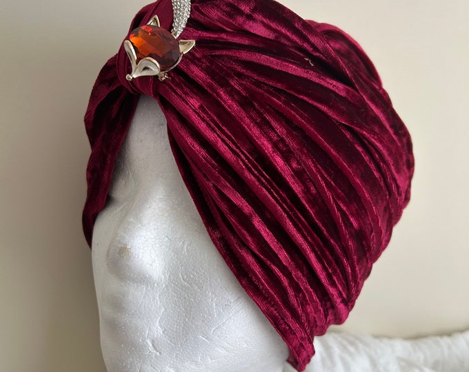 Woman's Red Pleated Velvet Turban Hat. Turban in Soft Stretch Fit Velvet. Elegant Headwear, Wear With or Without Wig.