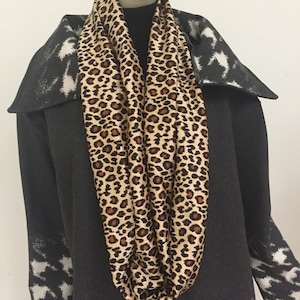 Woman&#39;s Brown and Gold Satin Leopard Print Infinity Scarf. Silky Rayon Animal Print Infiniti Scarves. Women&#39;s Circle Scarves.