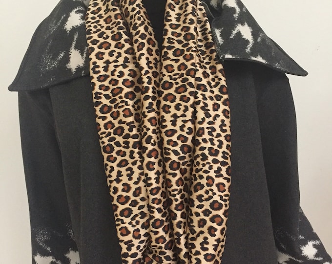 Woman's Brown and Gold Satin Leopard Print Infinity Scarf. Silky Rayon Animal Print Infiniti Scarves. Women's Circle Scarves.