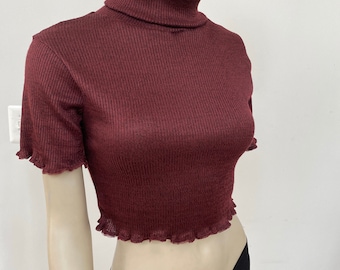 Wool Blend Burgundy Stripe Knit Cropped Turtleneck Top. Women's Red Short Sleeve Turtleneck Blouse. Gifts for Her.