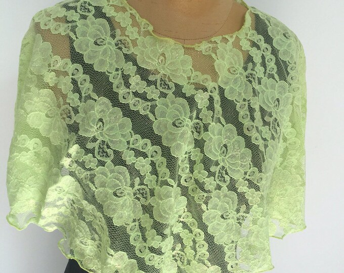 Glittery Green Lace Flared Mini Cape. Women's Sour Apple Sheer Lace  Shrug. Bridal Shrug. Bridemaid Gifts. Women's Top Covers.
