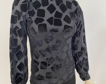 Black Burned Out Velvet Turtle Neck. Adjustable Sleeves. Women’s Elegant Black Turtle Neck Blouse. Stretch Velvet Turtle Neck. Fancy Tops.