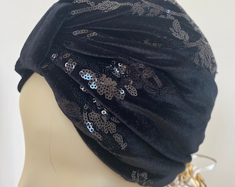 Woman's Sequin Black Velvet Turban Hat. Sparkly Turban in Soft Stretch Fit Velvet. Elegant Headwear, Wear With or Without Wig.