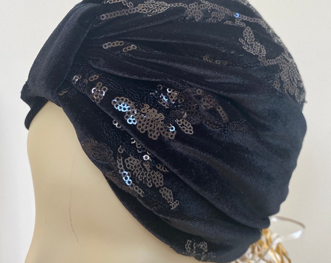 Woman's Sequin Black Velvet Turban Hat. Sparkly Turban in Soft Stretch Fit Velvet. Elegant Headwear, Wear With or Without Wig.