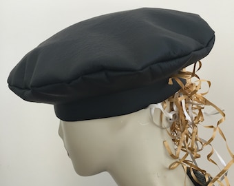 All Black Faux Supple Leather French Beret Hat. Optional Leather or Houndstooth Band. Women's Waterproof Fashion Caps.