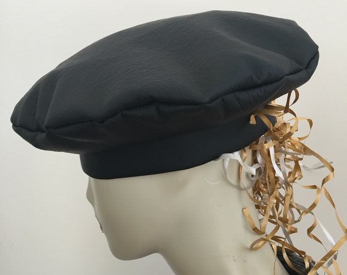 All Black Faux Supple Leather French Beret Hat. Optional Leather or Houndstooth Band. Women's Waterproof Fashion Caps.