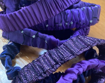 Assorted Purple Tone Head Bands. Sparkly Faux Suede, Satin Hair Bands. Multi-use Handmade Hair Scrunchies and Wristbands. One Size.