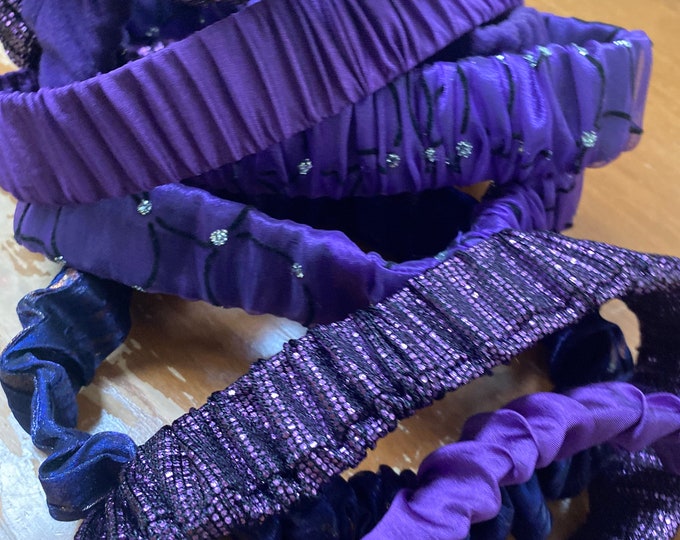 Assorted Purple Tone Head Bands. Sparkly Faux Suede, Satin Hair Bands. Multi-use Handmade Hair Scrunchies and Wristbands. One Size.