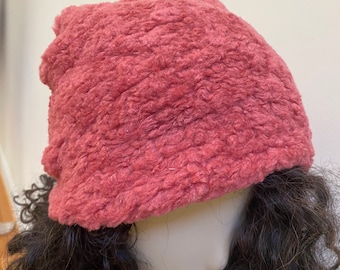Woman's Rustic Red Fleece Slouchy Hat. Deep Coral Knit Beanie Hat. Women’s Solid Fall/Winter Hats. Gifts for Her.