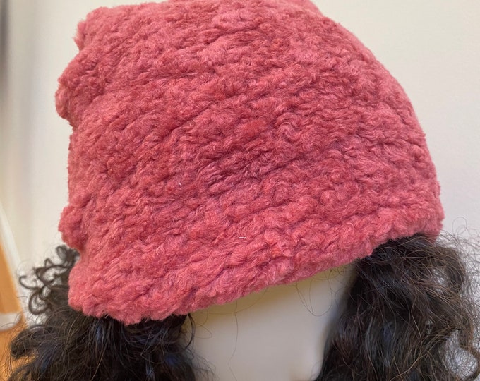 Woman's Rustic Red Fleece Slouchy Hat. Deep Coral Knit Beanie Hat. Women’s Solid Fall/Winter Hats. Gifts for Her.