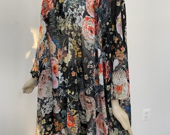 Spring Bouquet Chiffon Summer Kaftan. Women's Pink and Black Print Spring-Floral Summer Tunic Top. Sheer Swimsuit Kaftan Cover. One Size.